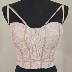 Charlotte Russe Sequin Lace Bustier - Tan Large